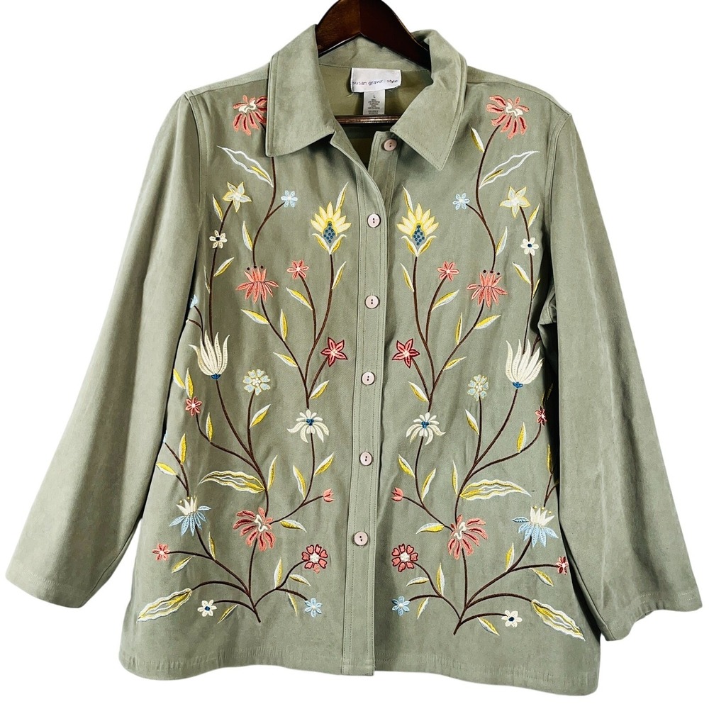 Susan Graver Womens L Floral Embroidered Button Front Blouse Green Boho NWOT